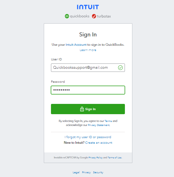 Quickbooks Login page