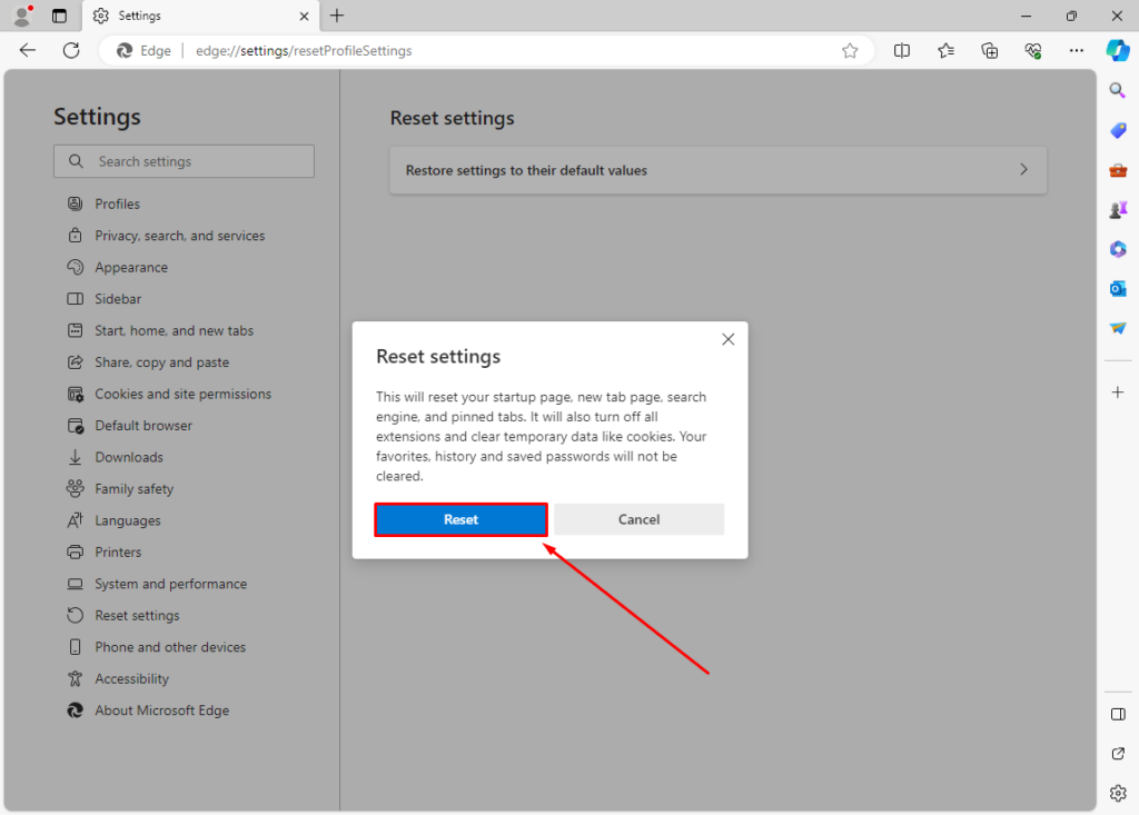 Reset Settings in Microsoft Edge