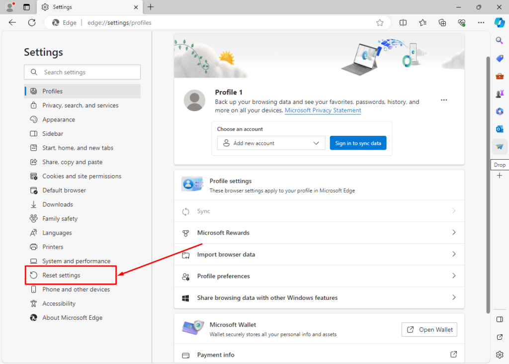 Reset Settings in microsoft edge