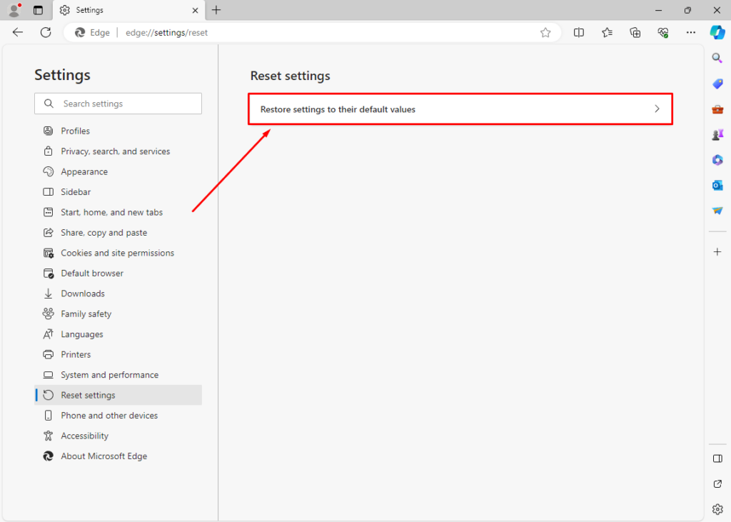 Restore settings to their default values