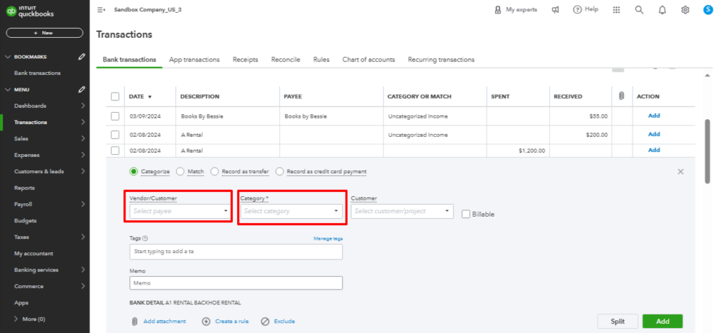 Payee and Category section in QuickBooks Online