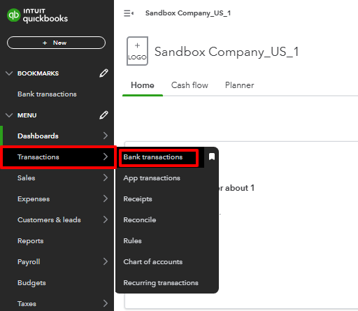 Transaction/Bank Transaction section in QuickBooks Online.
