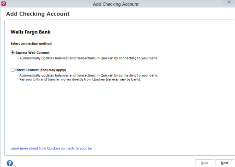 Add Checking Account in Quicken