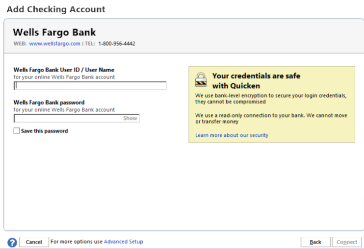 Add Checking Account in Quicken