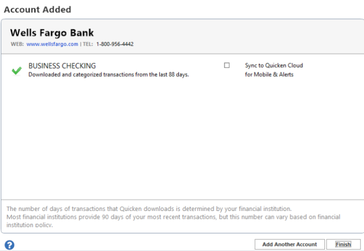 Account Added in Quicken