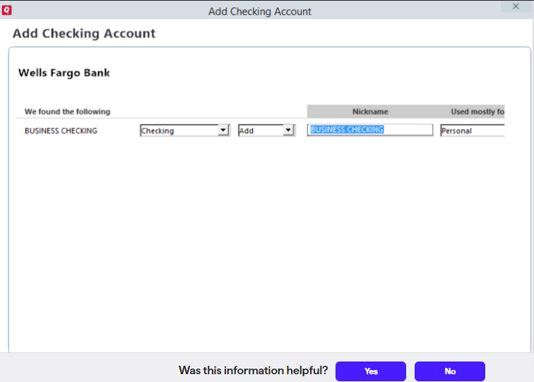 Add Checking Account in Quicken