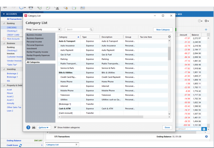 Quicken Category List