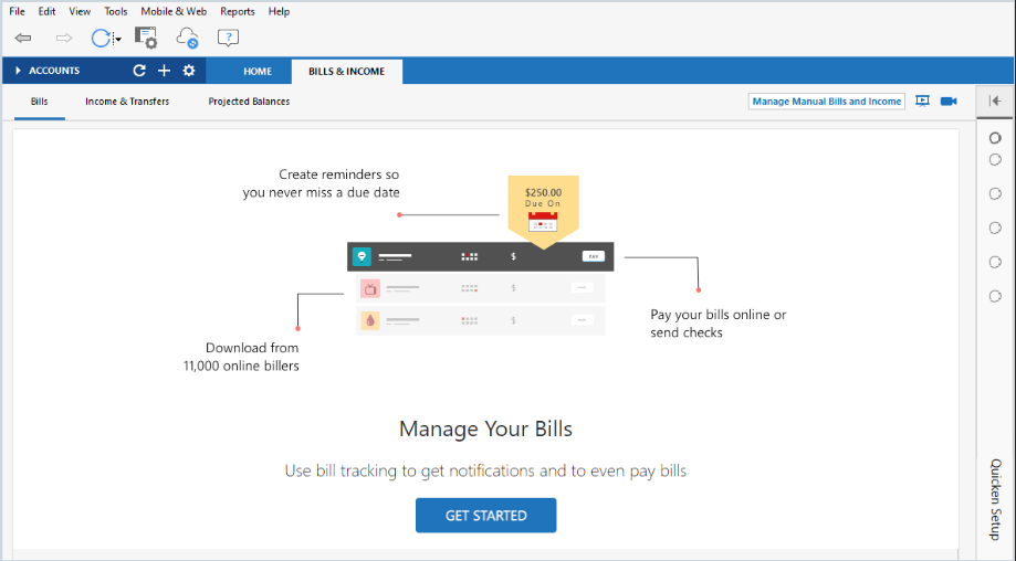 Bills & Income Tab in Quicken
