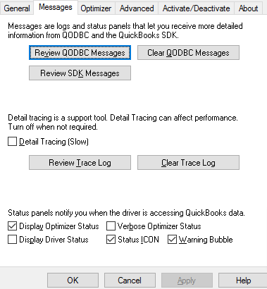 QODBC driver messages tab