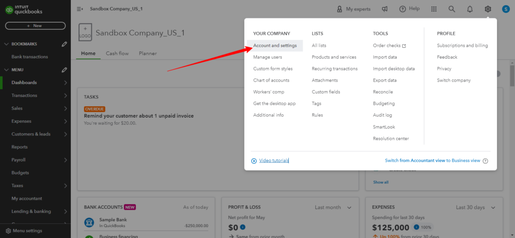 Click on Account and Settings in QuickBooks Desktop